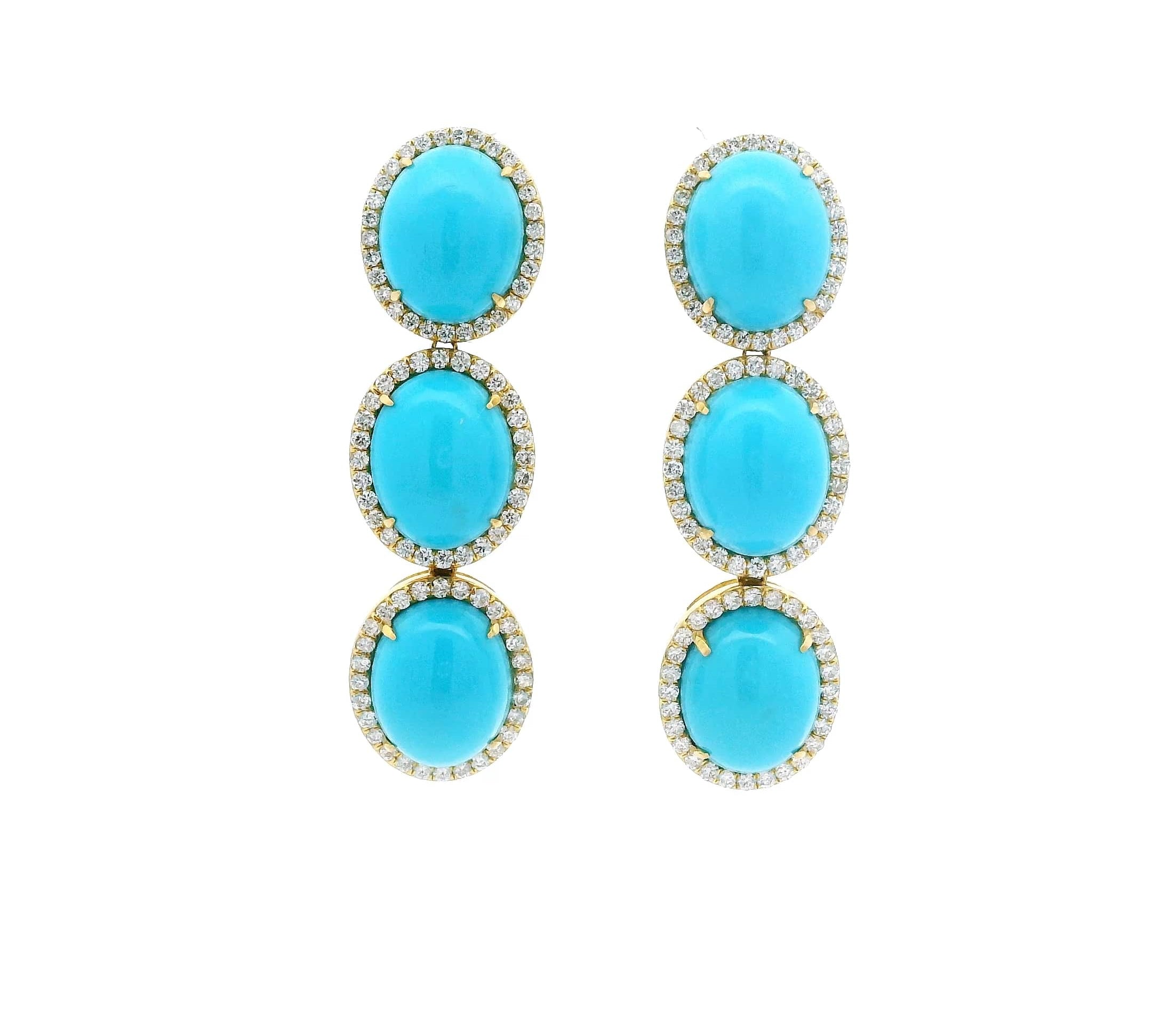 Earrings Rose Gold / 14K 18K Gold Turquoise and Pave Diamond drop Oval Earrings