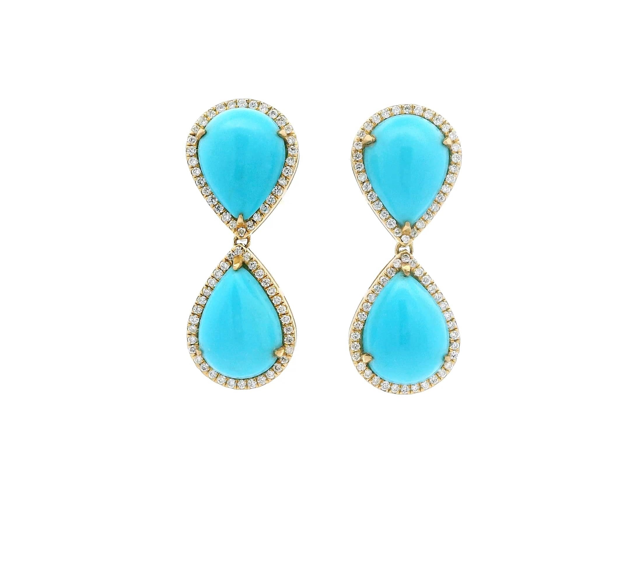 Earrings Rose Gold / 14K 18K Gold Turquoise and Pave Diamond drop Pear Earrings