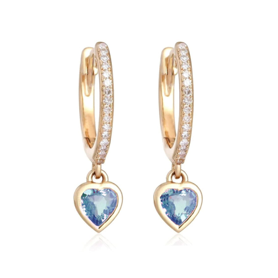 Earrings Rose Gold 14K Gold and Diamond Blue Sapphire Heart Drop Hoops Earrings