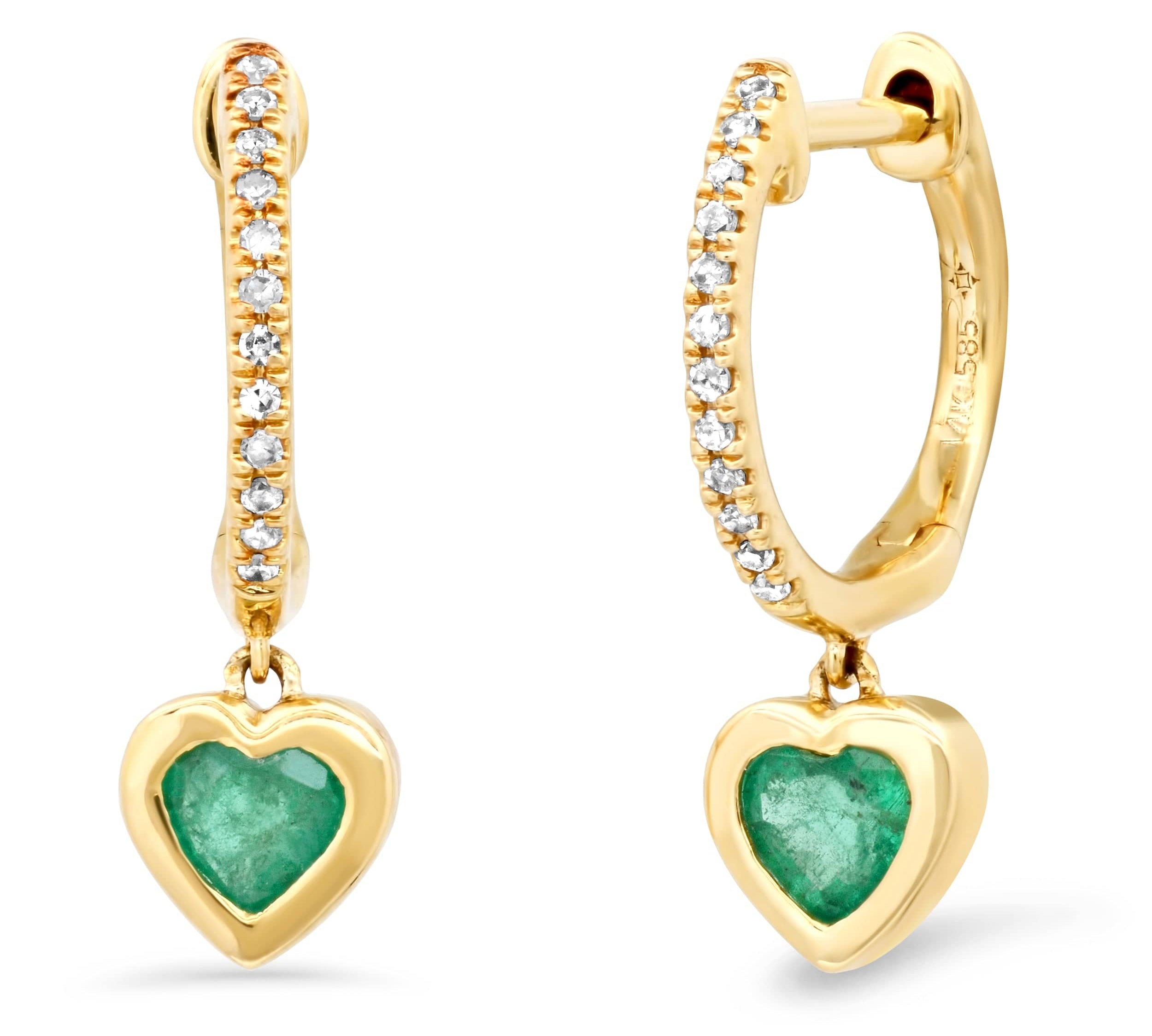 Earrings Rose Gold 14K Gold and Diamond Emerald Heart Drop Hoops Earrings