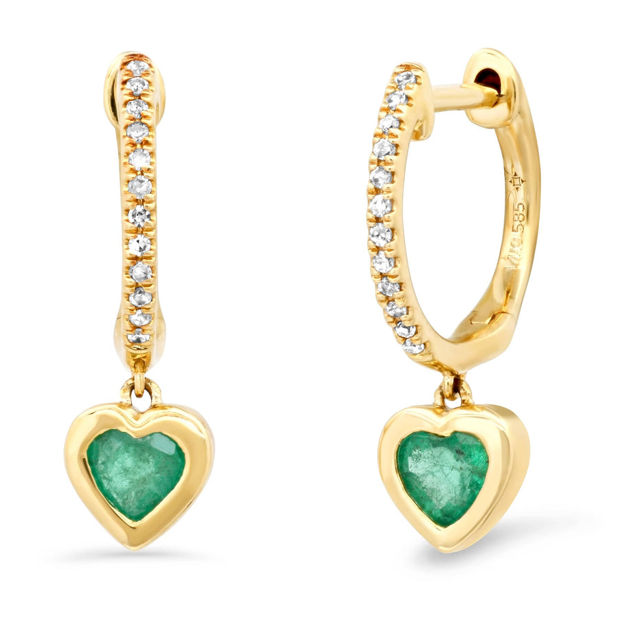 Earrings Rose Gold 14K Gold and Diamond Emerald Heart Drop Hoops Earrings