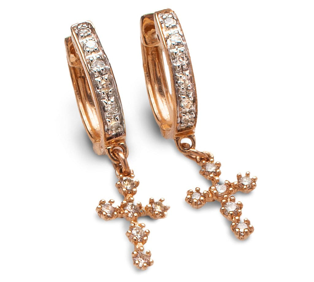 Earrings Rose Gold 14K Gold and Diamond Hoop Earrings with Diamond Cross
