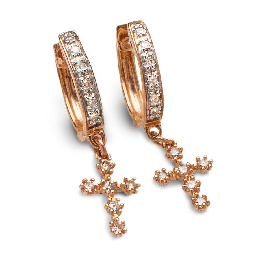 Earrings Rose Gold 14K Gold and Diamond Hoop Earrings with Diamond Cross