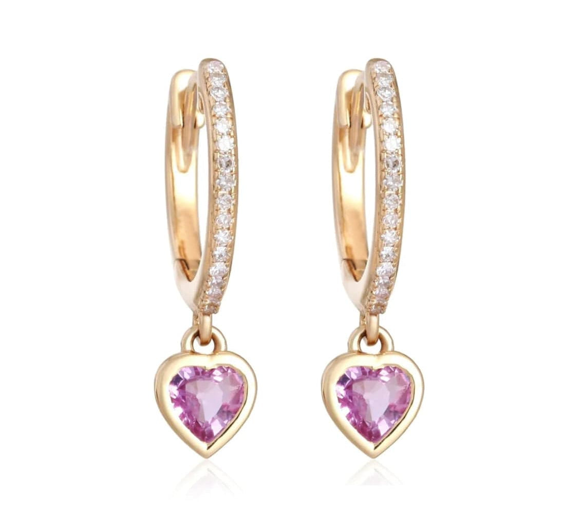 Earrings Rose Gold 14K Gold and Diamond Pink Sapphire Heart Drop Hoops Earrings