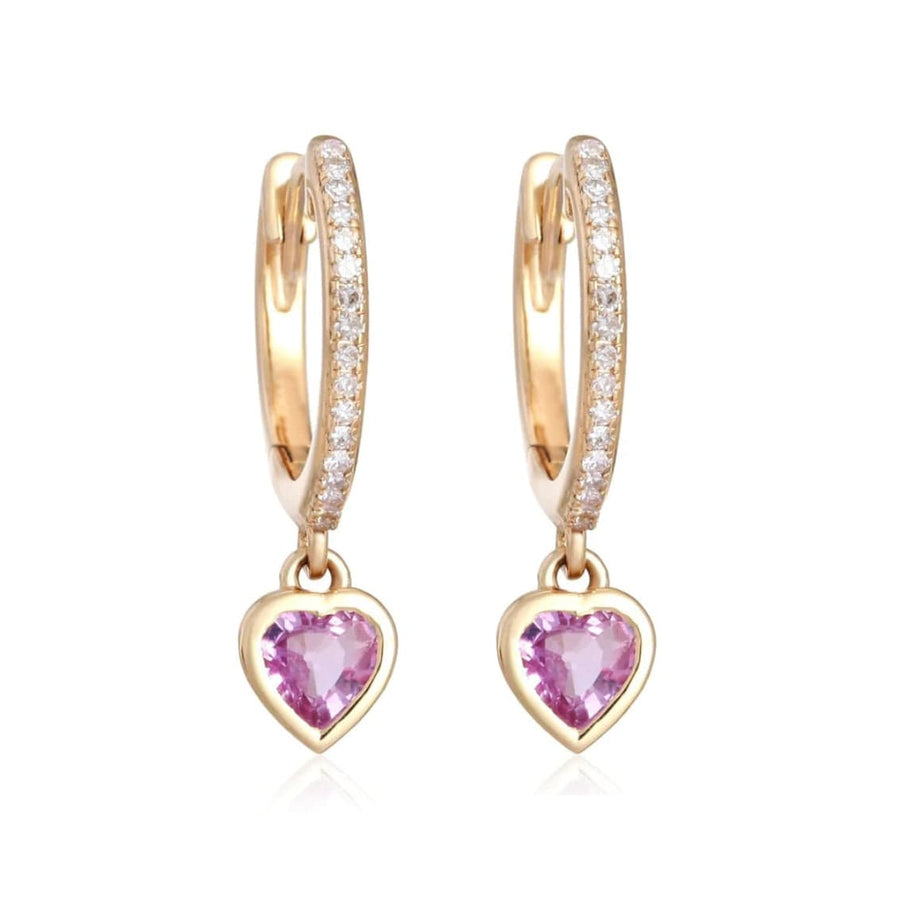 Earrings Rose Gold 14K Gold and Diamond Pink Sapphire Heart Drop Hoops Earrings