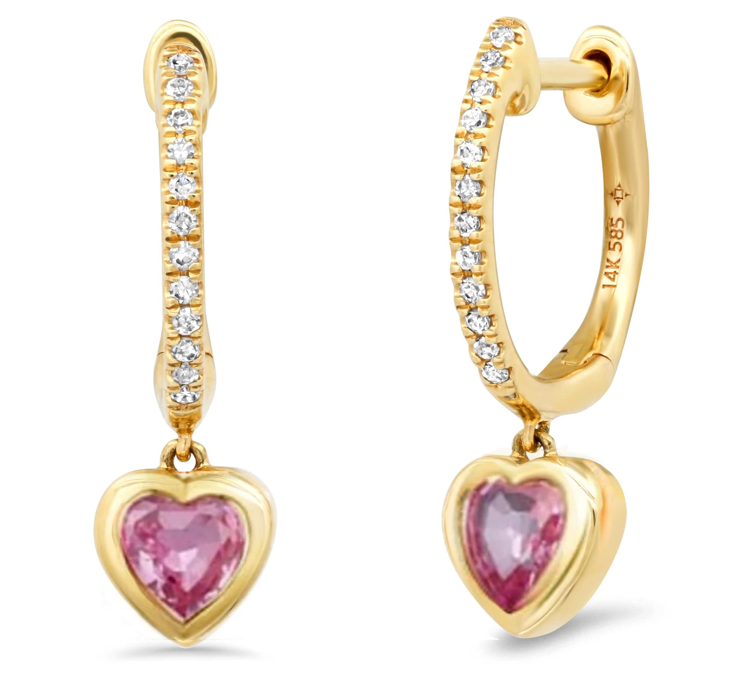 Earrings Rose Gold 14K Gold and Diamond Pink Sapphire Heart Drop Hoops Earrings