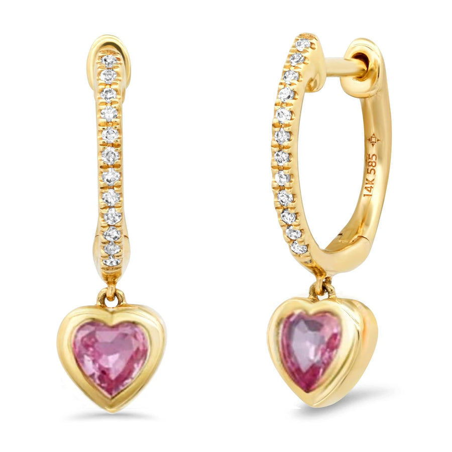 Earrings Rose Gold 14K Gold and Diamond Pink Sapphire Heart Drop Hoops Earrings