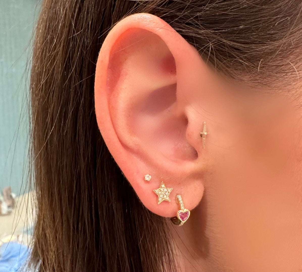 Earrings Rose Gold 14K Gold and Diamond Pink Sapphire Heart Huggie Hoops Earrings