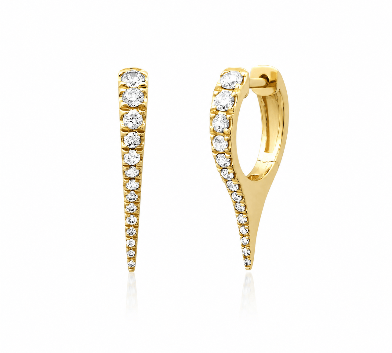 Earrings Rose Gold 14K Gold and Pave Diamond Dagger Hoops Earrings, Single Row Diamonds