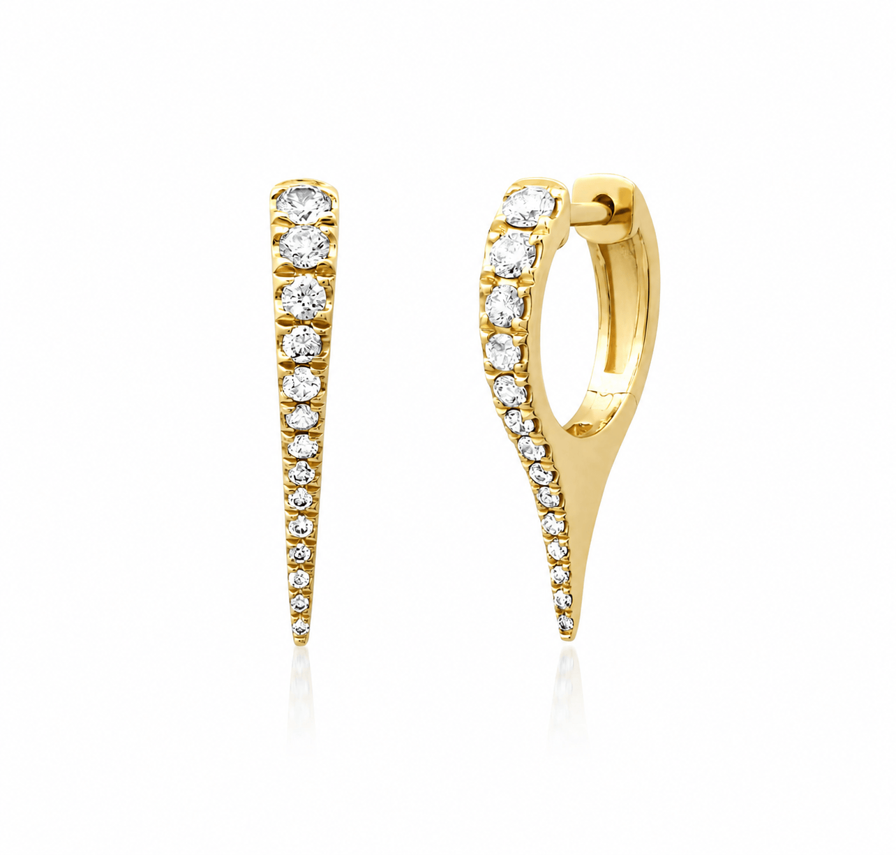 Earrings Rose Gold 14K Gold and Pave Diamond Dagger Hoops Earrings, Single Row Diamonds