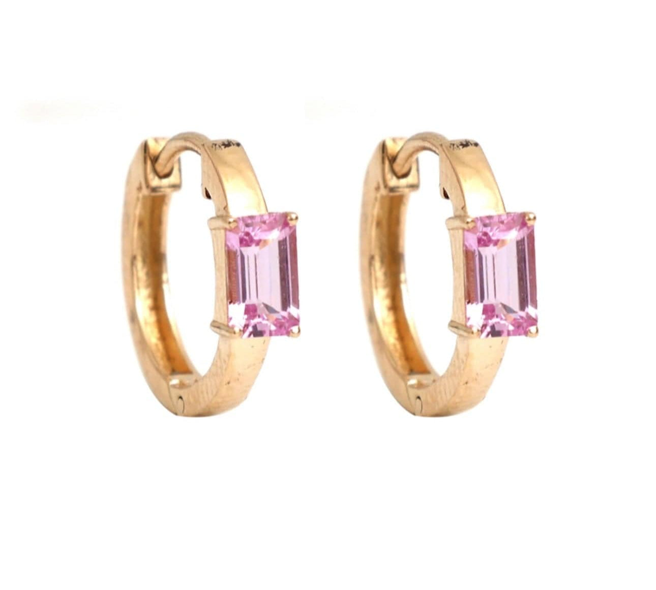 Earrings Rose Gold 14K Gold and Pink Sapphire Huggie Hoops Earrings
