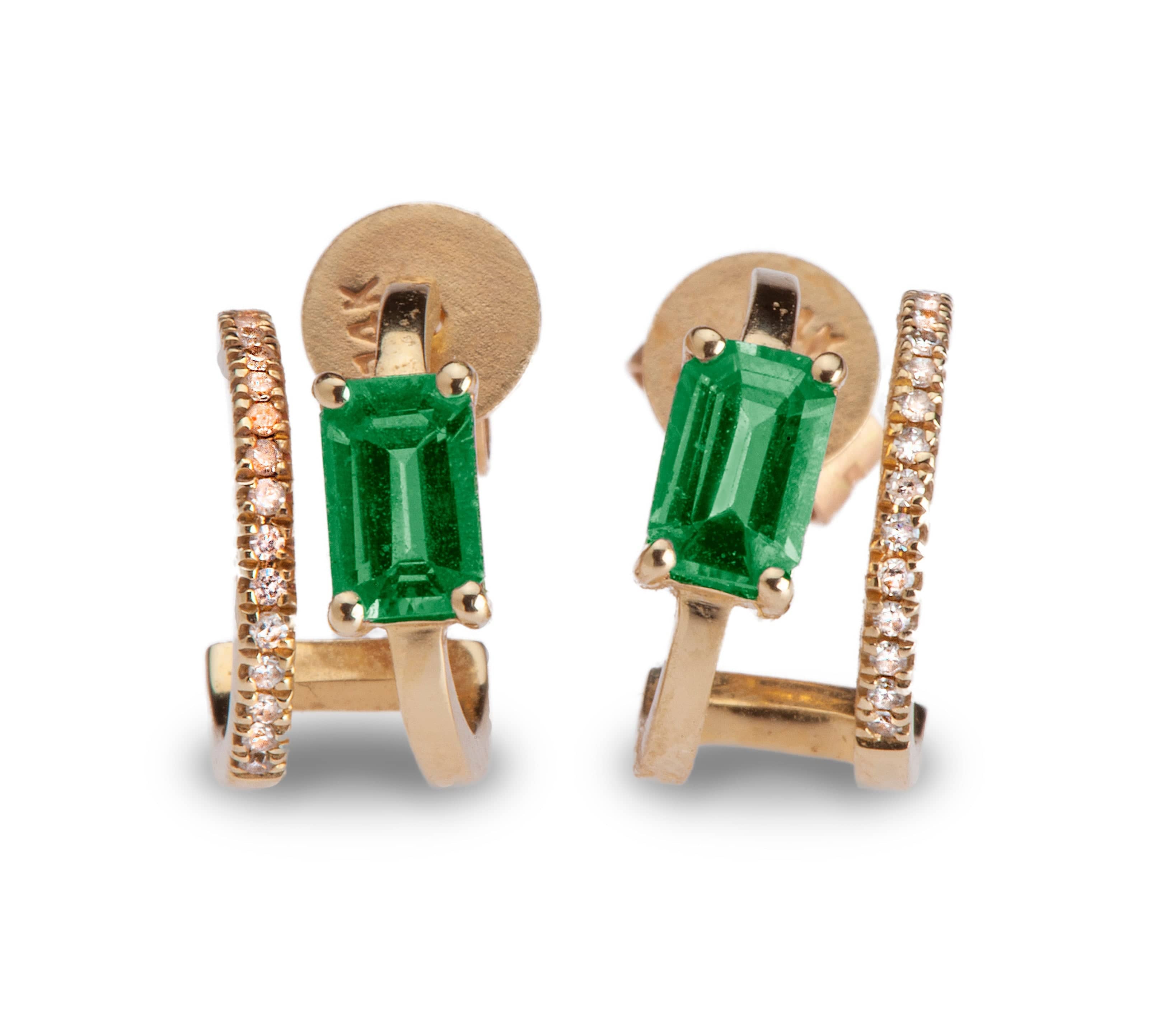 Earrings Rose Gold 14K Gold Emerald and Diamond Double Hoop Earrings