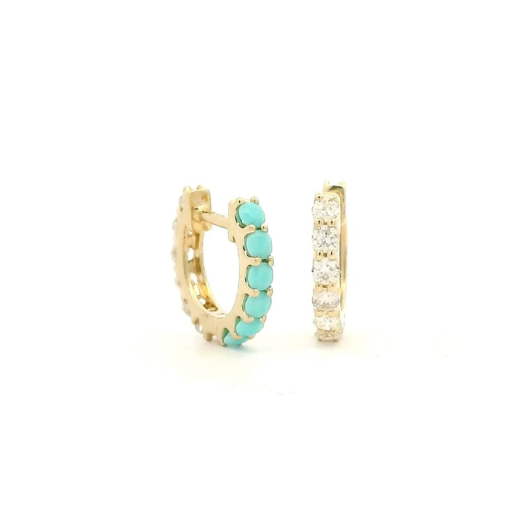 Earrings Rose Gold 14K Gold Half and Half Turquoise and Diamond Huggie Hoops Earrings