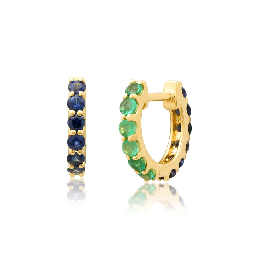 Earrings Rose Gold 14K Gold Half & Half Blue Sapphire & Emerald Huggie Hoops Earrings