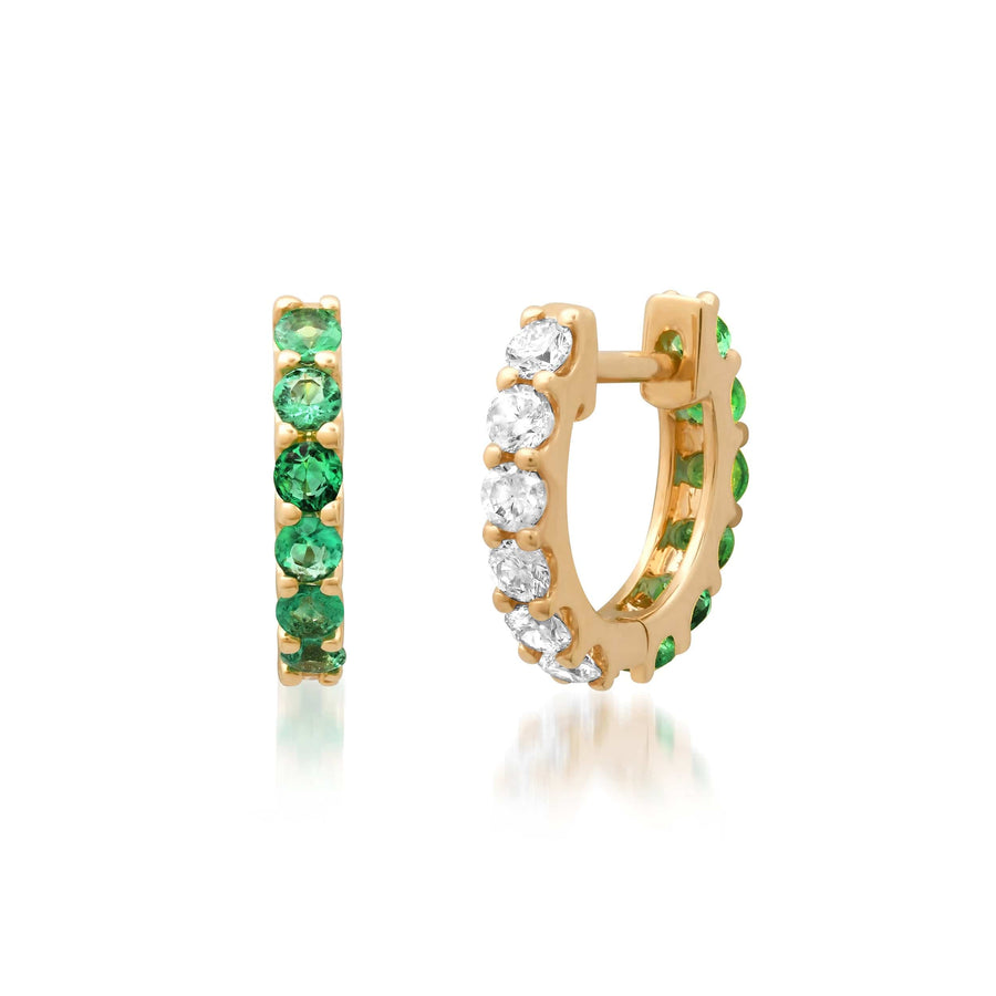 Earrings Rose Gold 14K Gold Half & Half Emerald & Diamond Huggie Hoops Earrings