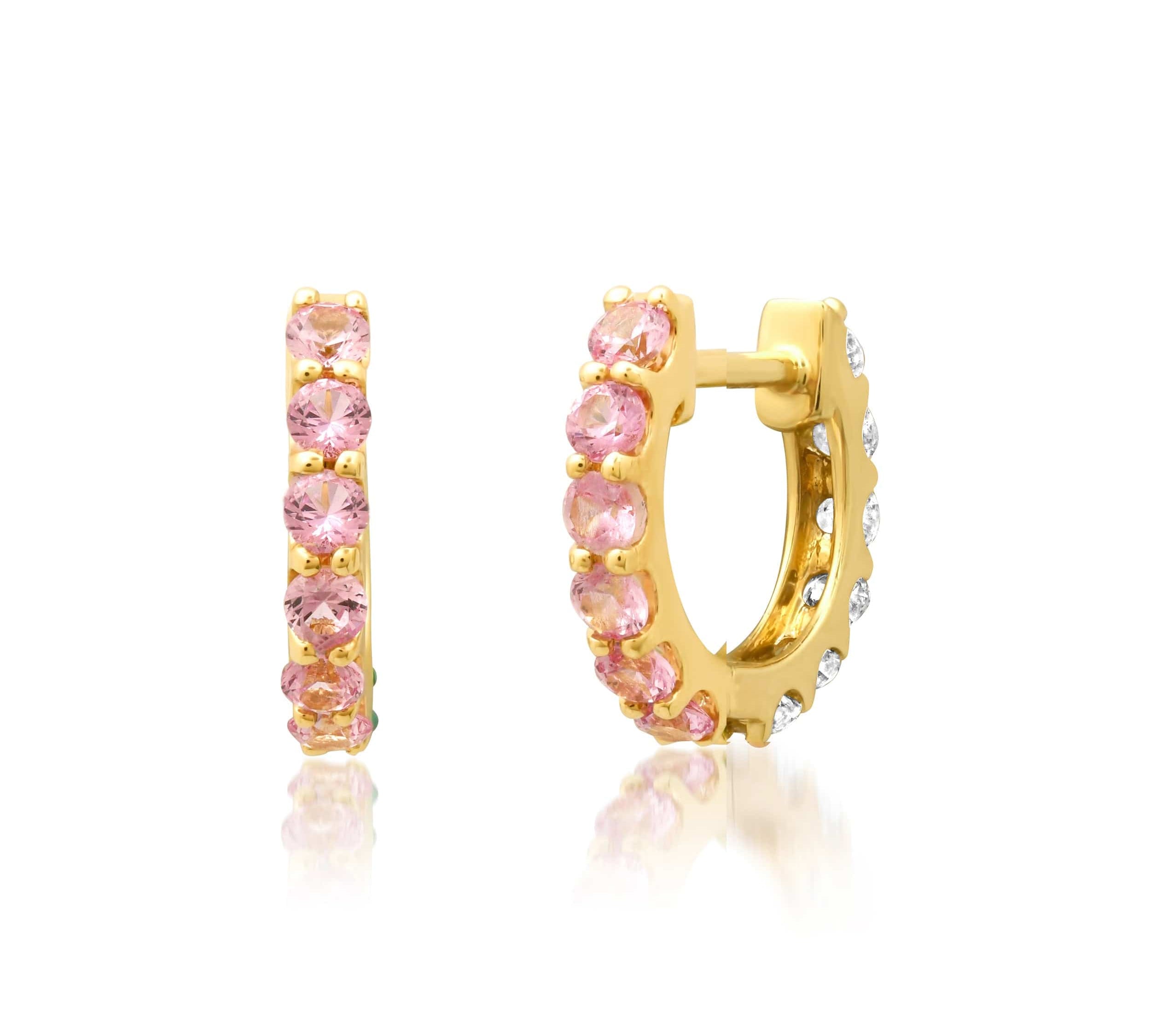 Earrings Rose Gold 14K Gold Half & Half Pink Sapphire & Diamond Huggie Hoops Earrings