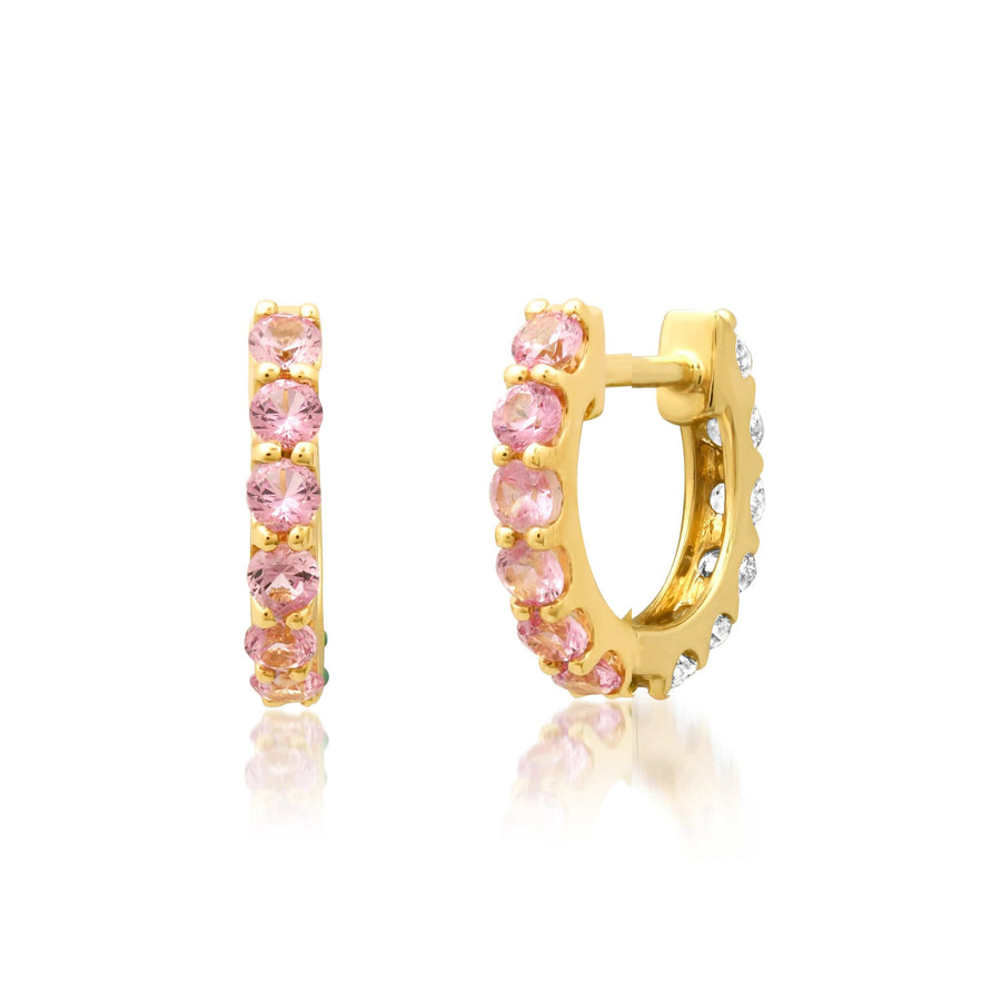 Earrings Rose Gold 14K Gold Half & Half Pink Sapphire & Diamond Huggie Hoops Earrings