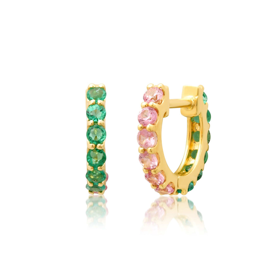 Earrings Rose Gold 14K Gold Half & Half Pink Sapphire & Emerald Huggie Hoops Earrings