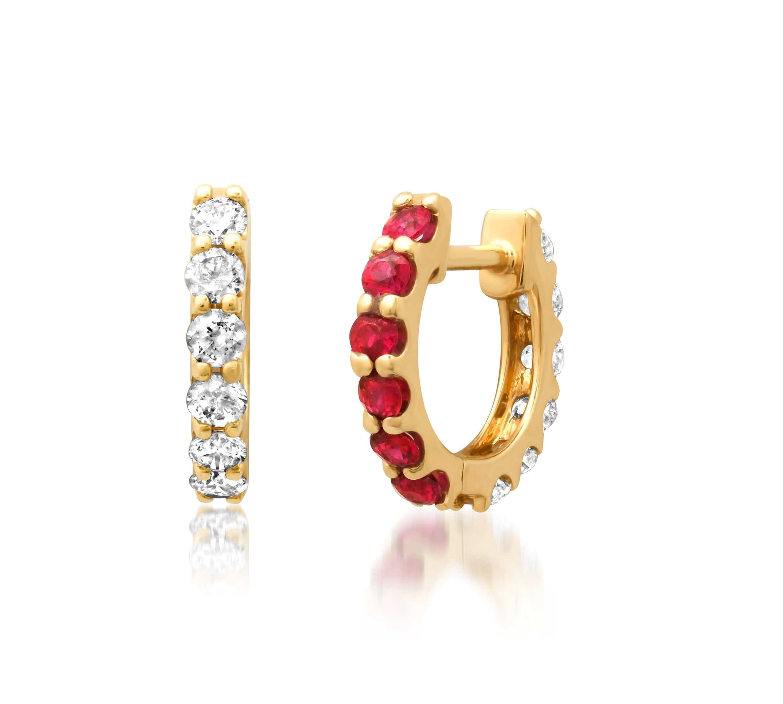 Earrings Rose Gold 14K Gold Half & Half Ruby & Diamond Huggie Hoops Earrings