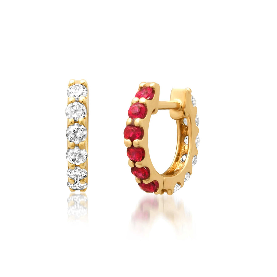 Earrings Rose Gold 14K Gold Half & Half Ruby & Diamond Huggie Hoops Earrings