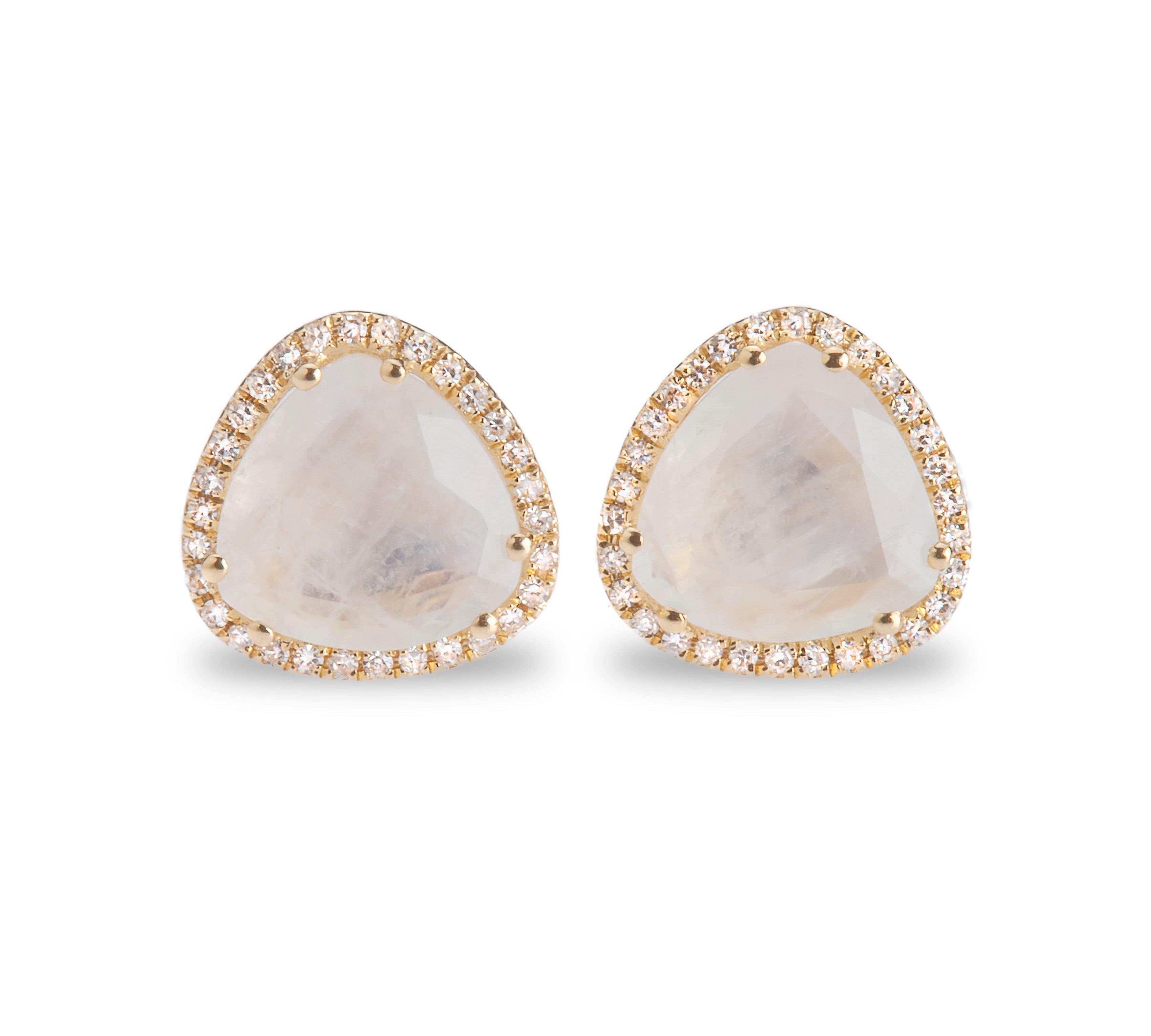 Earrings Rose Gold 14K Gold Moonstone and Diamond Stud Earrings