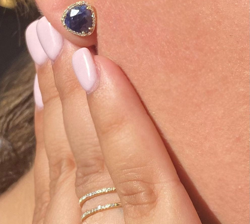 Earrings Rose Gold 14K Gold Organic Sapphire and Diamond Stud Earrings