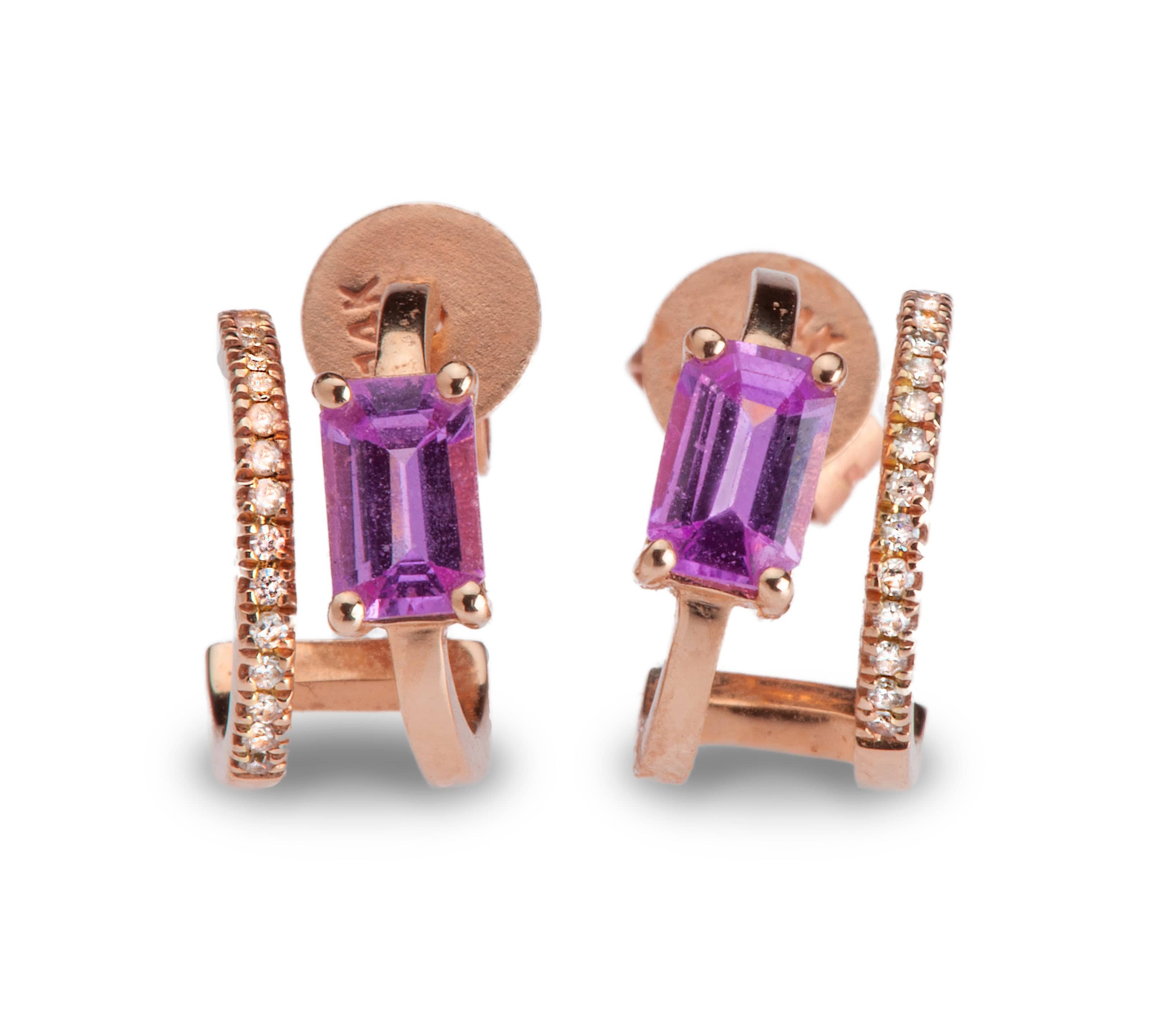 Earrings Rose Gold 14K Gold, Pink Sapphire, and Diamond Double Hoop Earrings