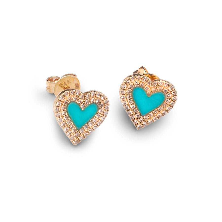 Earrings Rose Gold 14K Gold Turquoise and Diamond Double Row Heart Stud Earrings