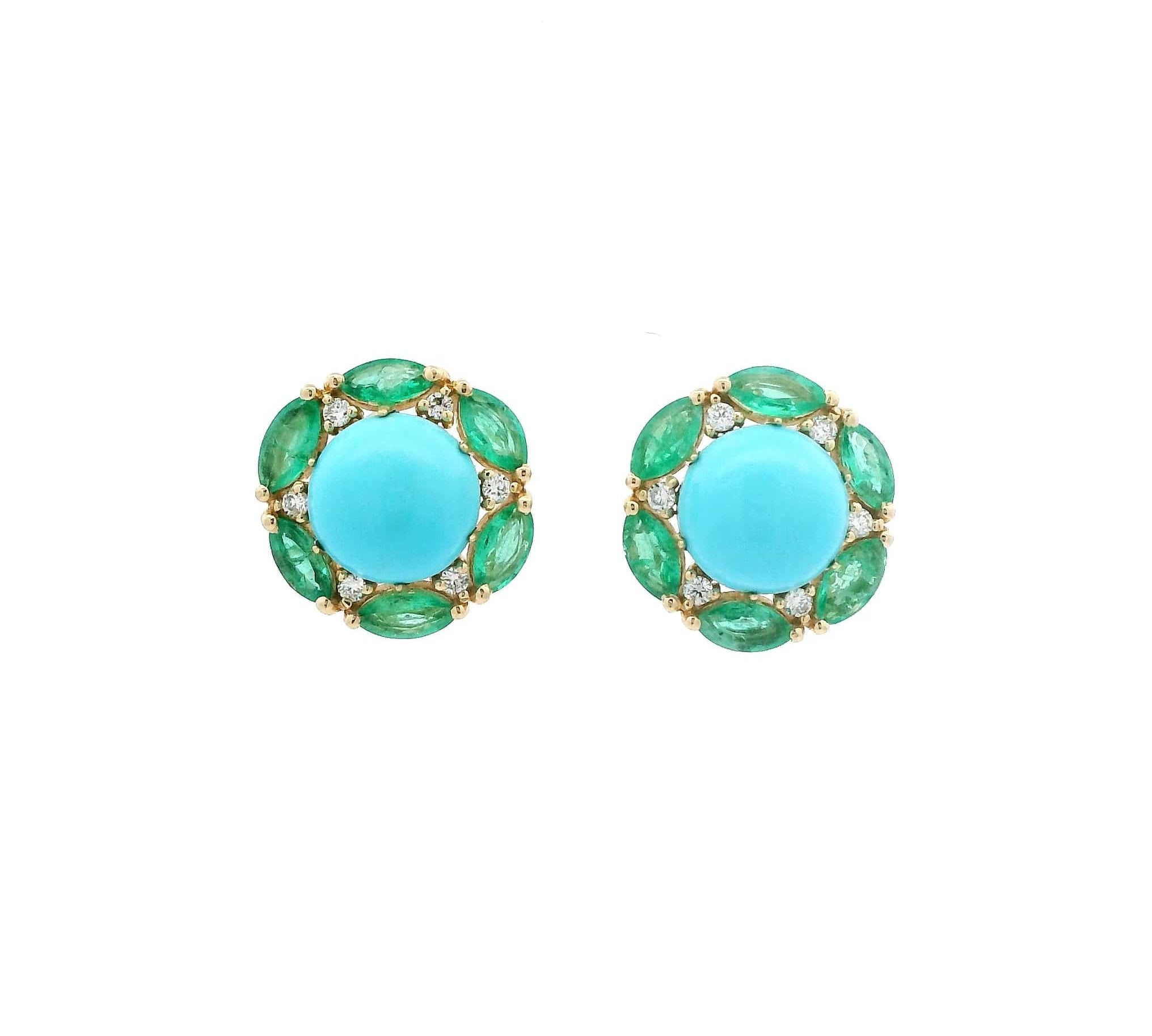 Earrings Rose Gold 14K Gold Turquoise, Emerald, and Diamond Stud Earrings