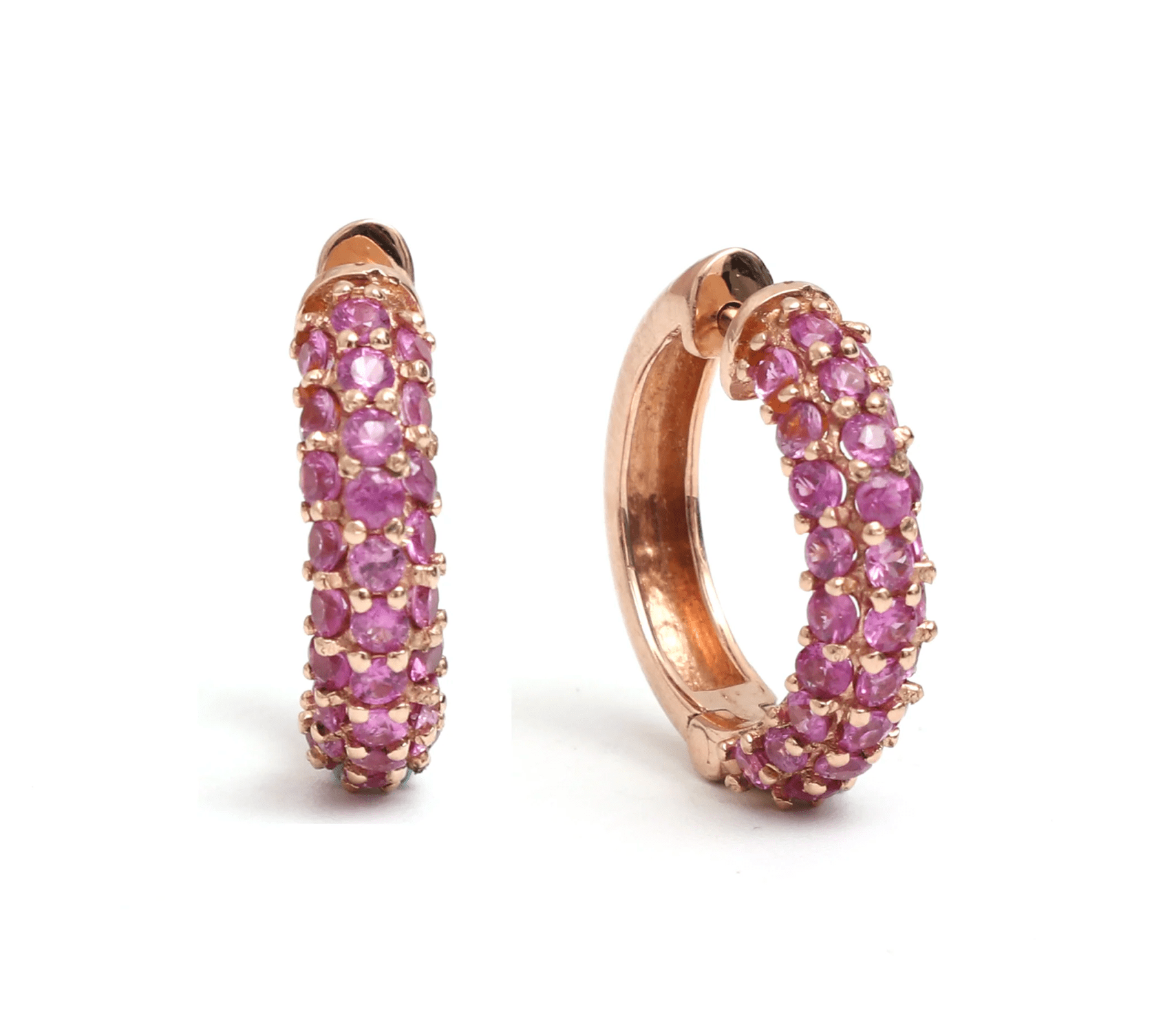 Earrings Rose Gold / 14K / Small 14K & 18K Micro-Pave Pink Sapphire Hoop Earrings
