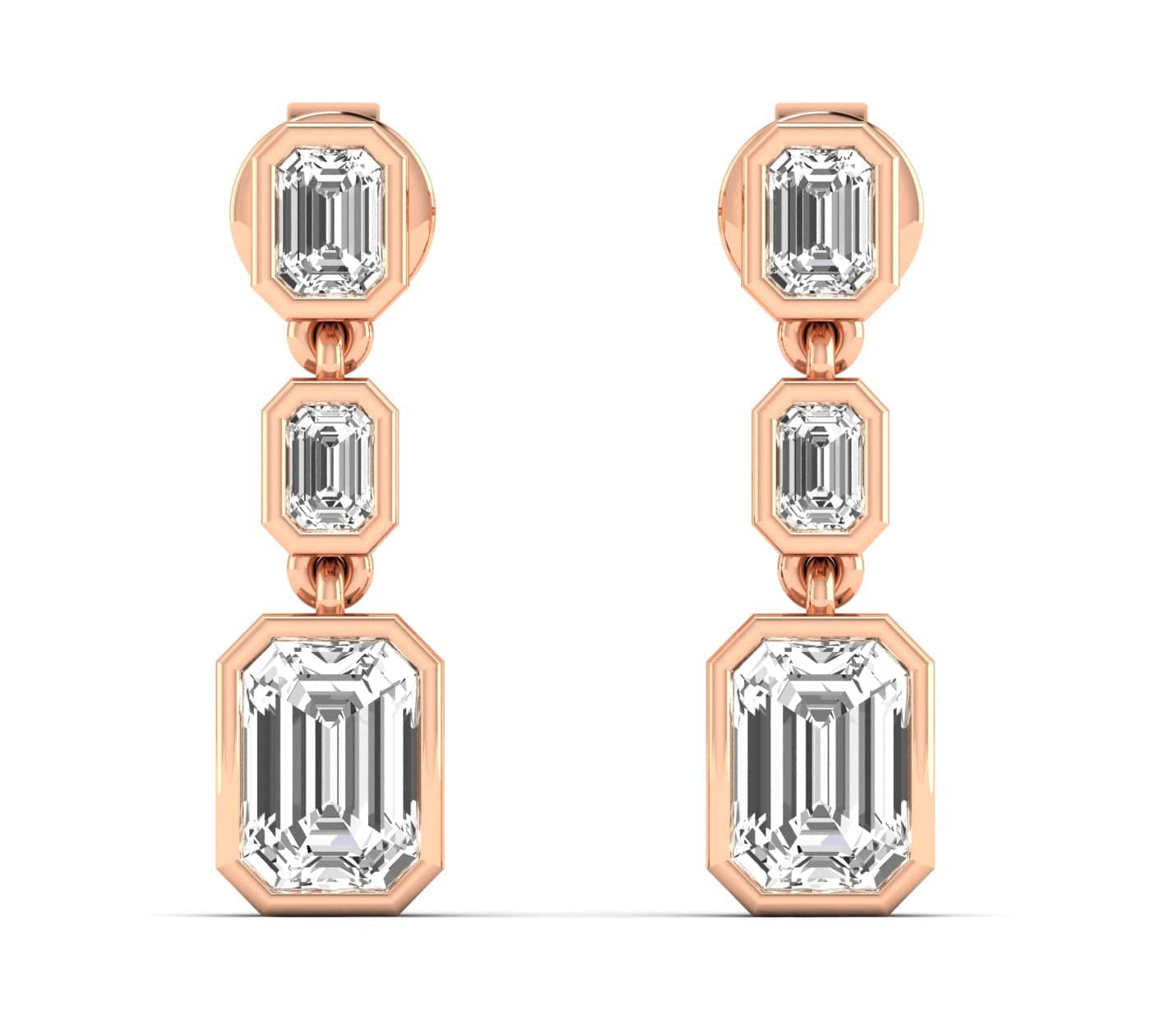 Earrings Rose Gold / 14K Trio Emerald Cut Diamond Bezel Set Drop Earrings, Lab Grown