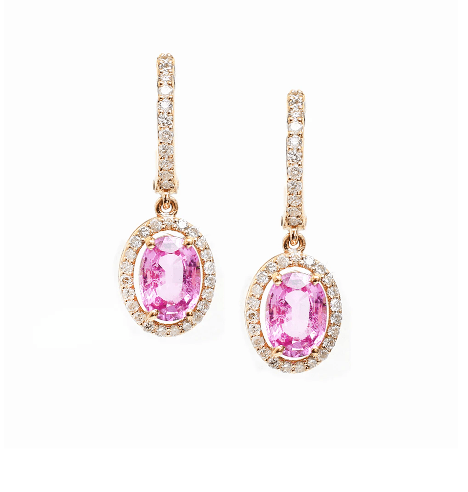 Earrings Rose Gold / 18K 18K Gold Pink Sapphire Halo Pave Diamond Dangle Huggie Hoop Earrings