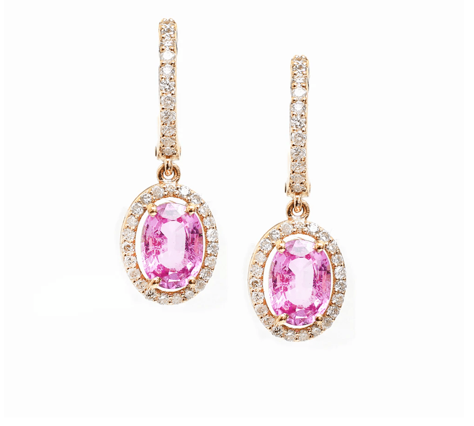Earrings Rose Gold / 18K 18K Gold Pink Sapphire Halo Pave Diamond Dangle Huggie Hoop Earrings