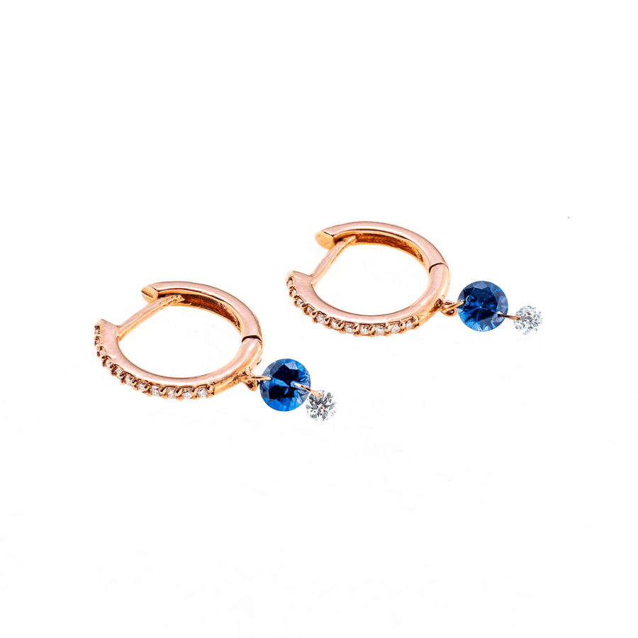 Earrings Rose Gold 18K Gold Drilled Blue Sapphire and Pave Diamond Huggie Hoops Earrings