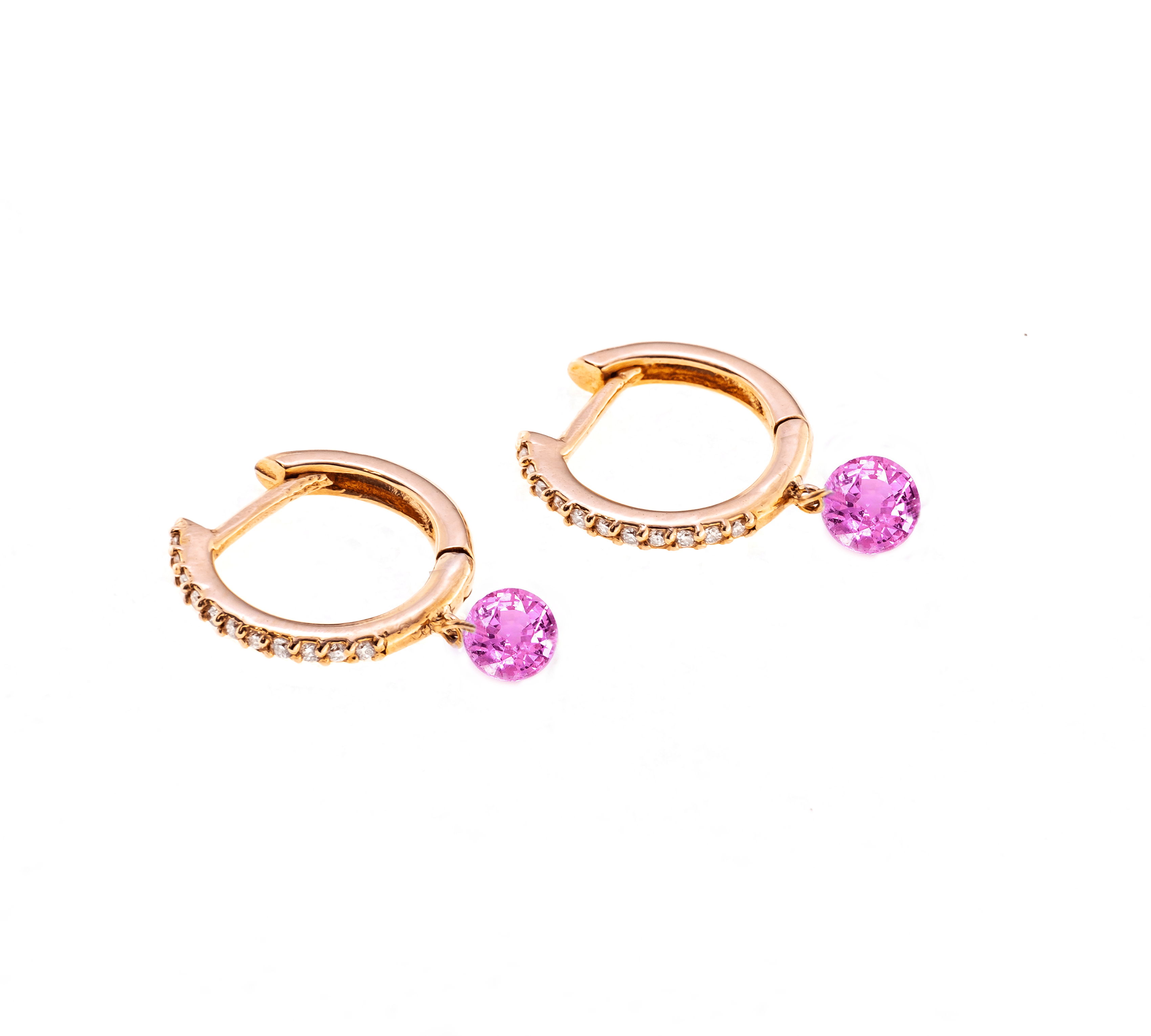 Earrings Rose Gold 18K Gold Drilled Pink Sapphire Huggie Hoops Earrings