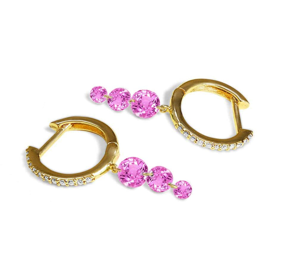 Earrings Rose Gold 18K Gold Drilled Triple Pink Sapphire Huggie Hoops Earrings