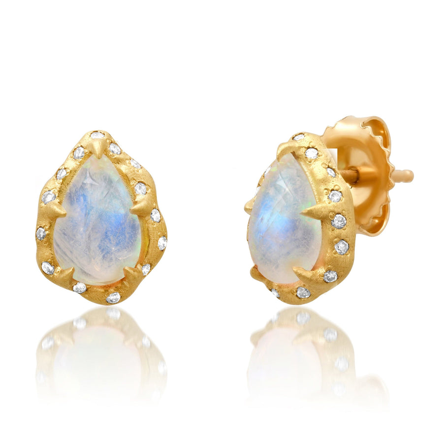 Earrings Rose Gold 18K Gold Organic Moonstone and Diamond Stud Earrings
