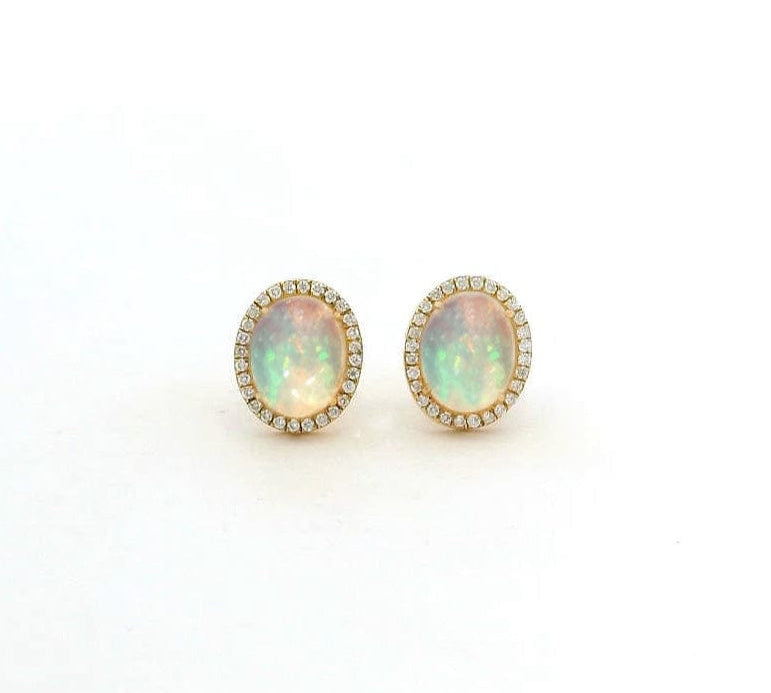 Earrings Rose Gold 18K Gold Organic Oval Opal and Diamond Stud Earrings