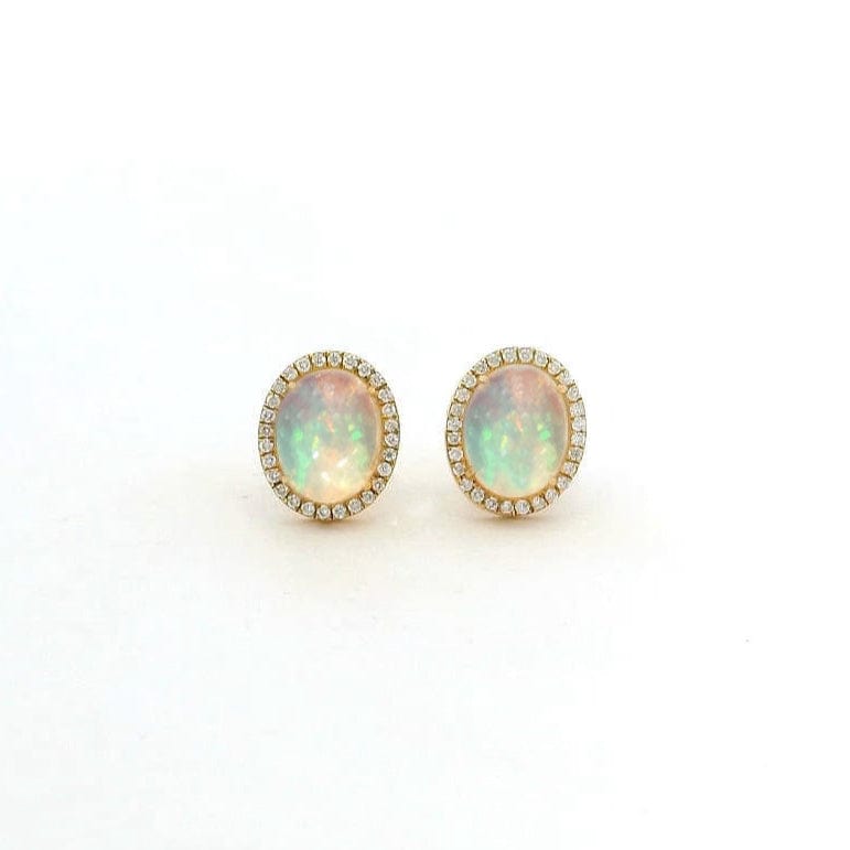 Earrings Rose Gold 18K Gold Organic Oval Opal and Diamond Stud Earrings