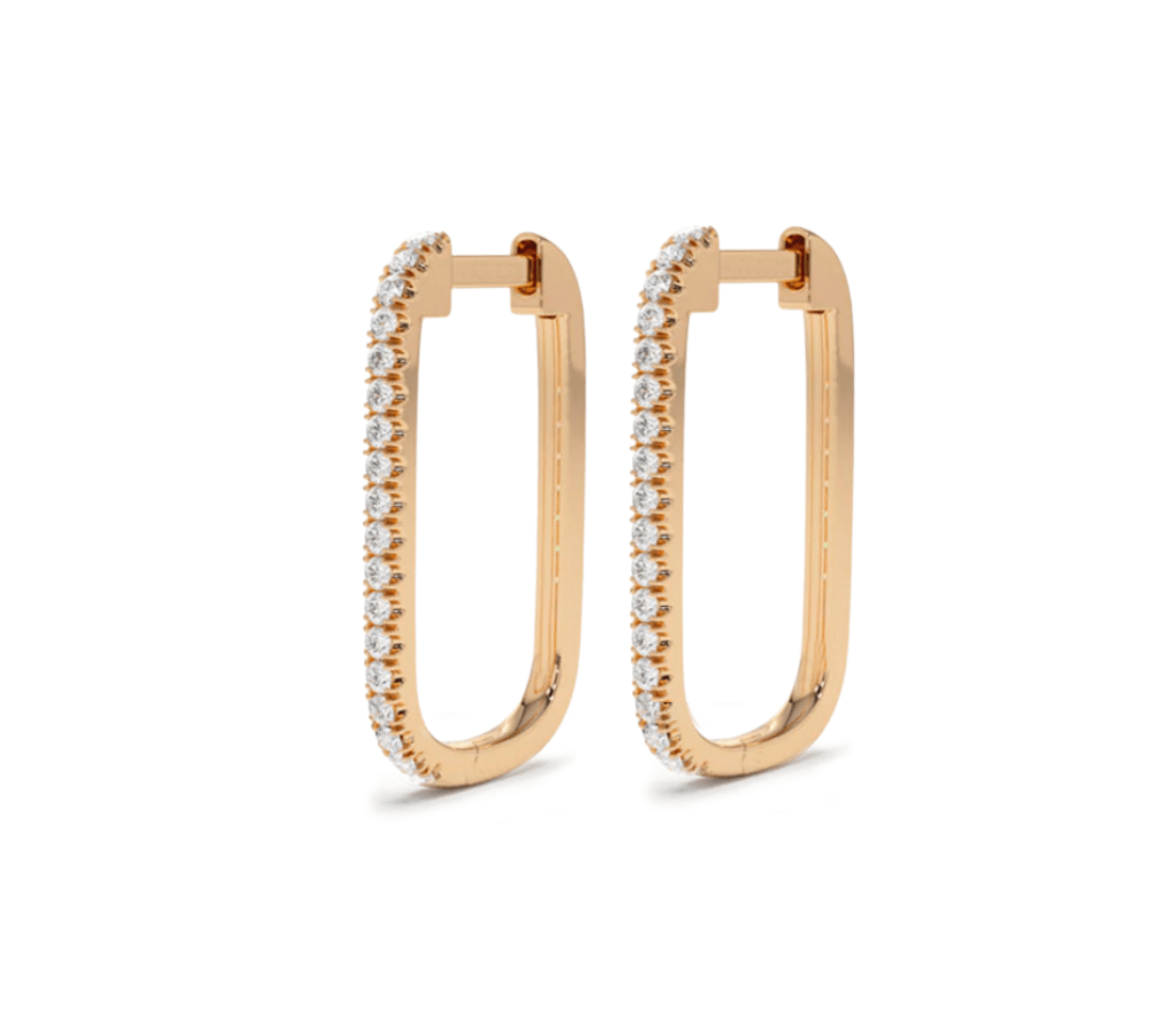 Earrings Rose Gold Large Rectangle Micro-Pave Diamond Hoop Earrings, Single Diamond Row