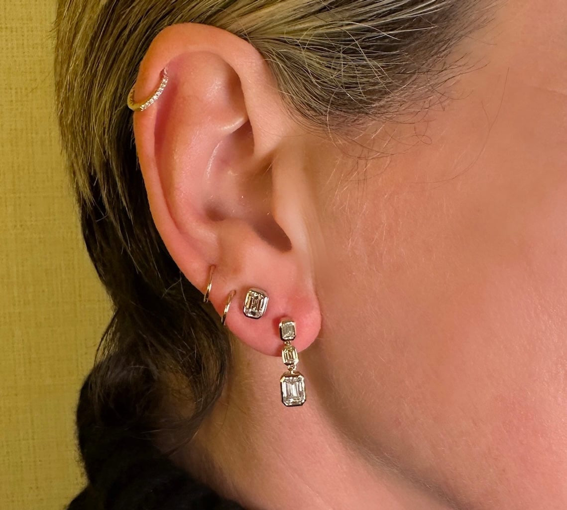 Earrings Trio Emerald Cut Diamond Bezel Set Drop Earrings, Lab Grown