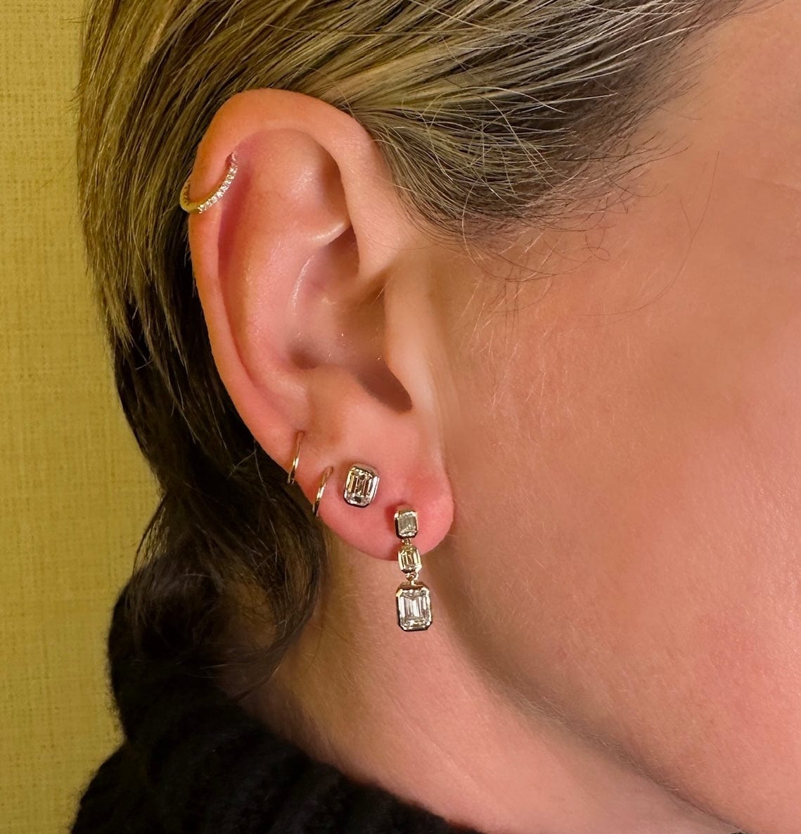 Earrings Trio Emerald Cut Diamond Bezel Set Drop Earrings, Lab Grown