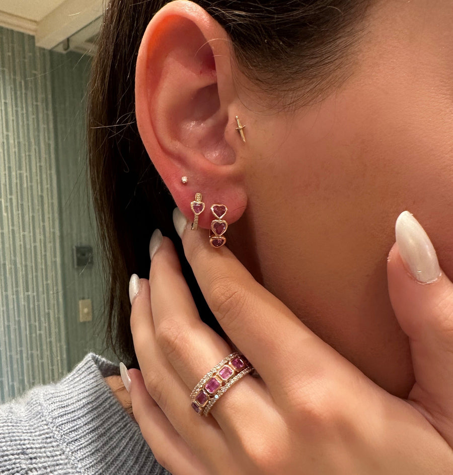 Earrings Triple Heart Pink Sapphire Bezel Set Hoop Earrings