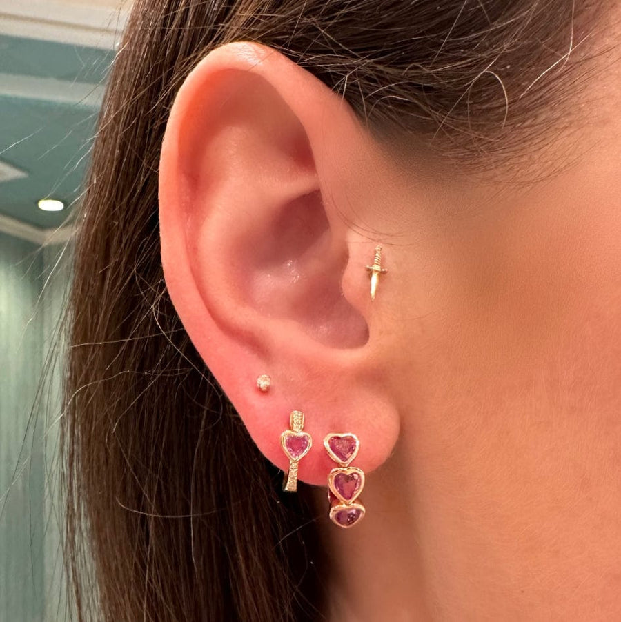 Triple Heart Pink Sapphire Bezel Set Hoop Earrings