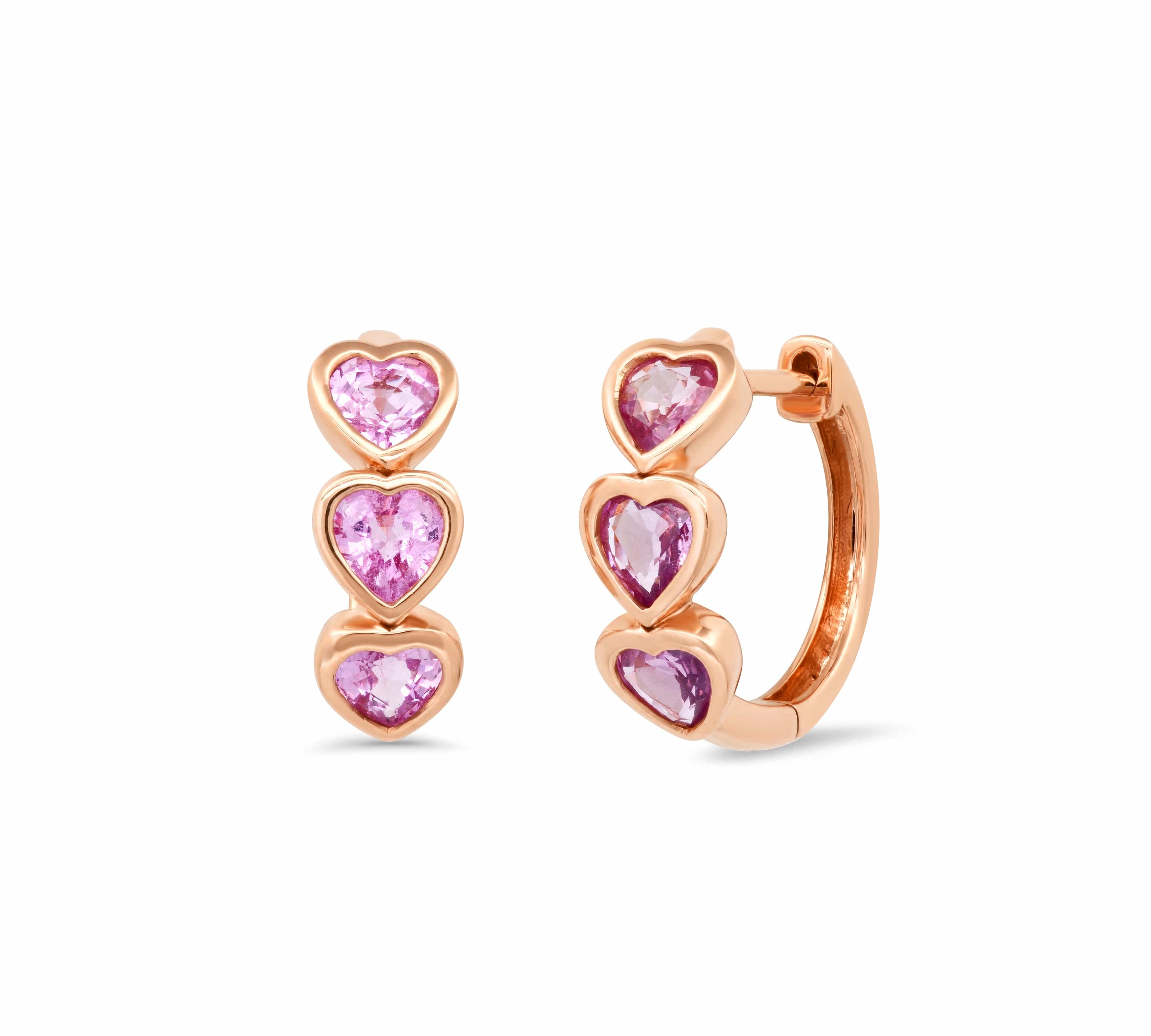 Earrings Triple Heart Pink Sapphire Bezel Set Hoop Earrings
