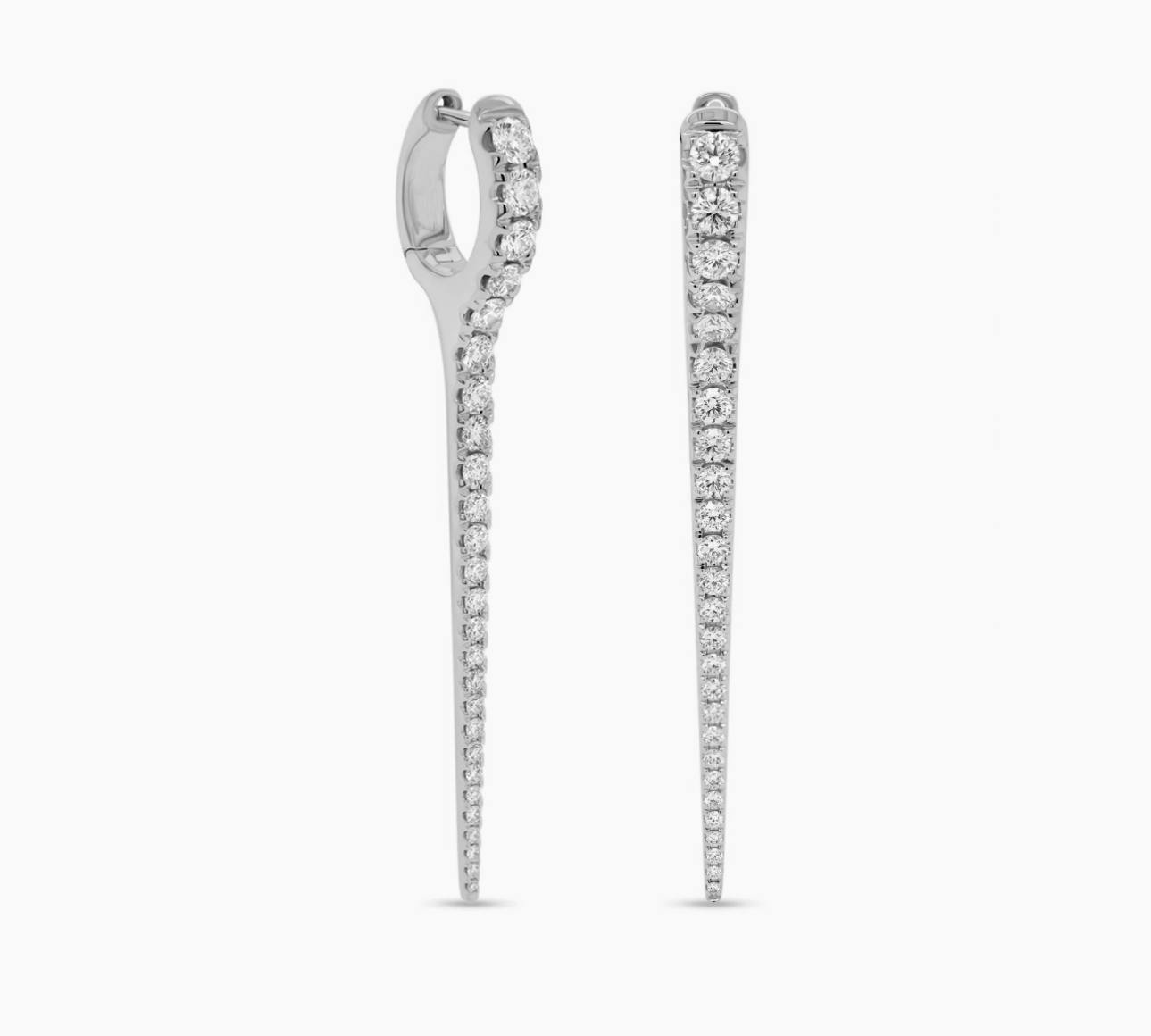 Earrings White Gold 14K Gold and Diamond Dagger Hoops Earrings, Long, Single Row Diamonds