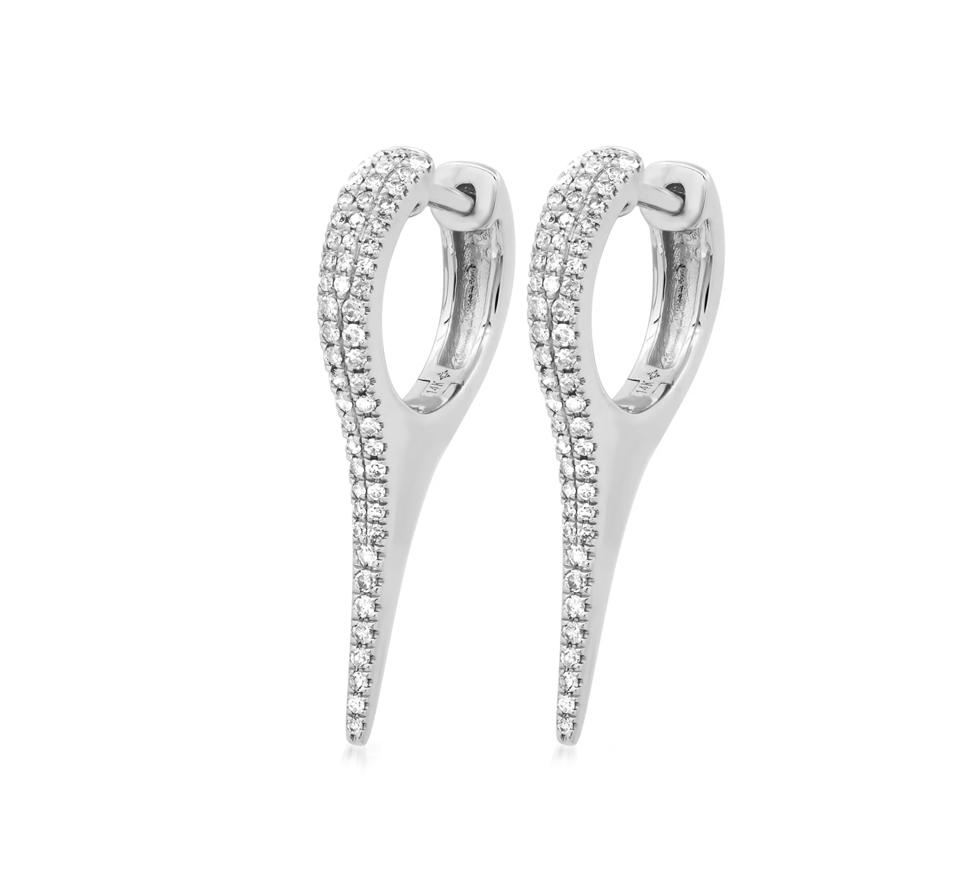 Earrings White Gold 14K Gold and "Pave" Diamond Dagger Hoops Earrings, Large