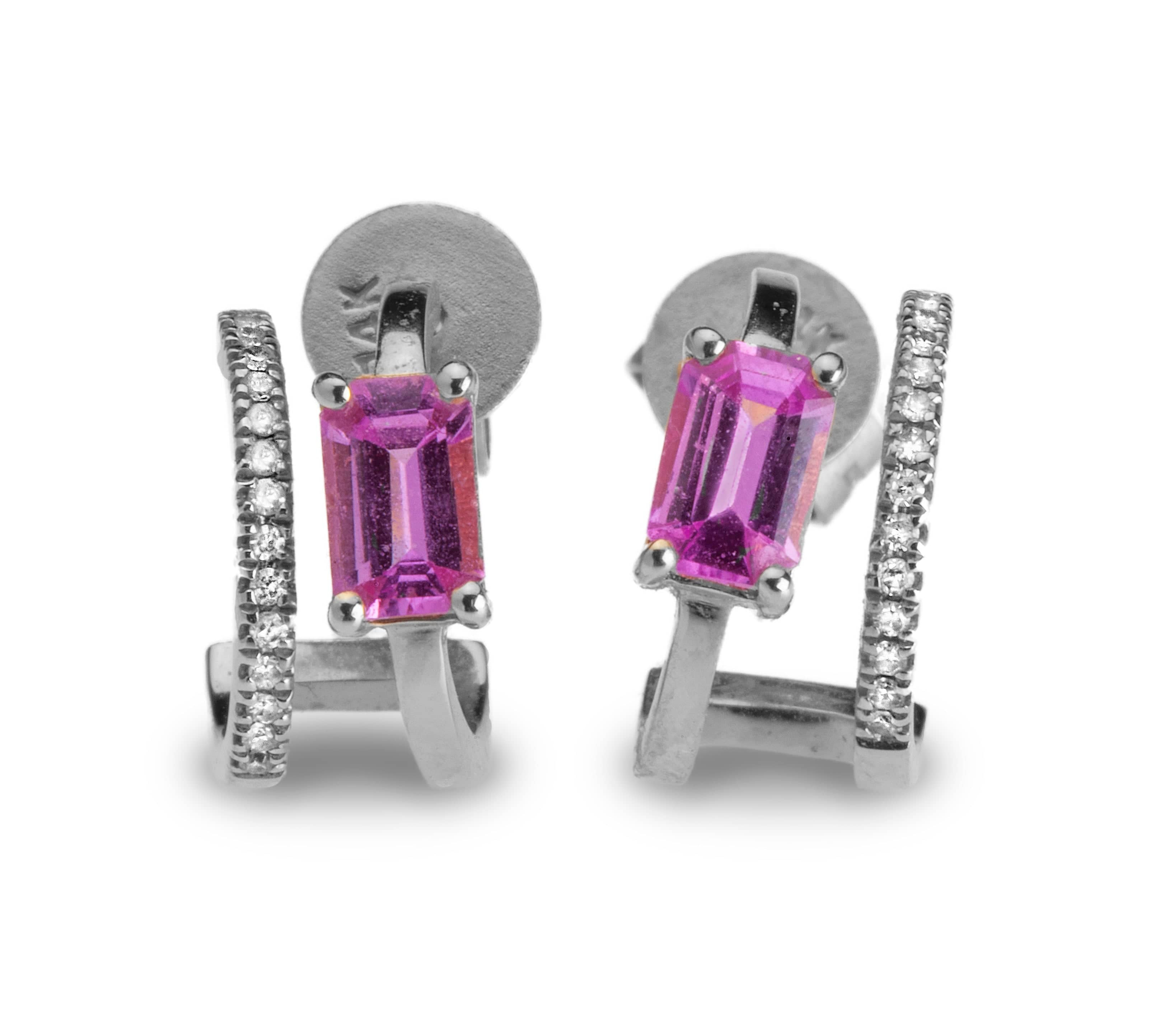 Earrings White Gold 14K Gold, Pink Sapphire, and Diamond Double Hoop Earrings