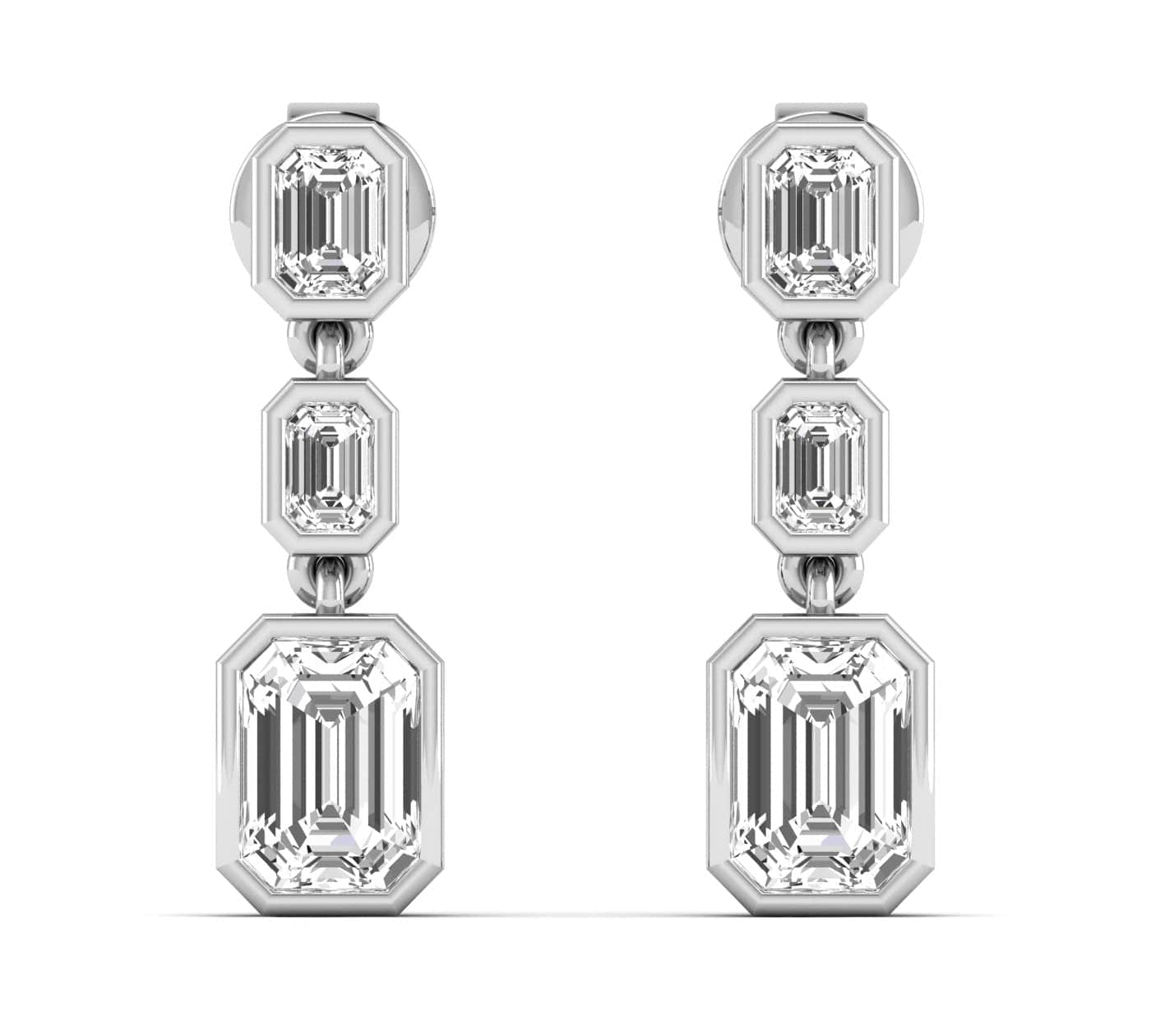Earrings White Gold / 14K Trio Emerald Cut Diamond Bezel Set Drop Earrings, Lab Grown
