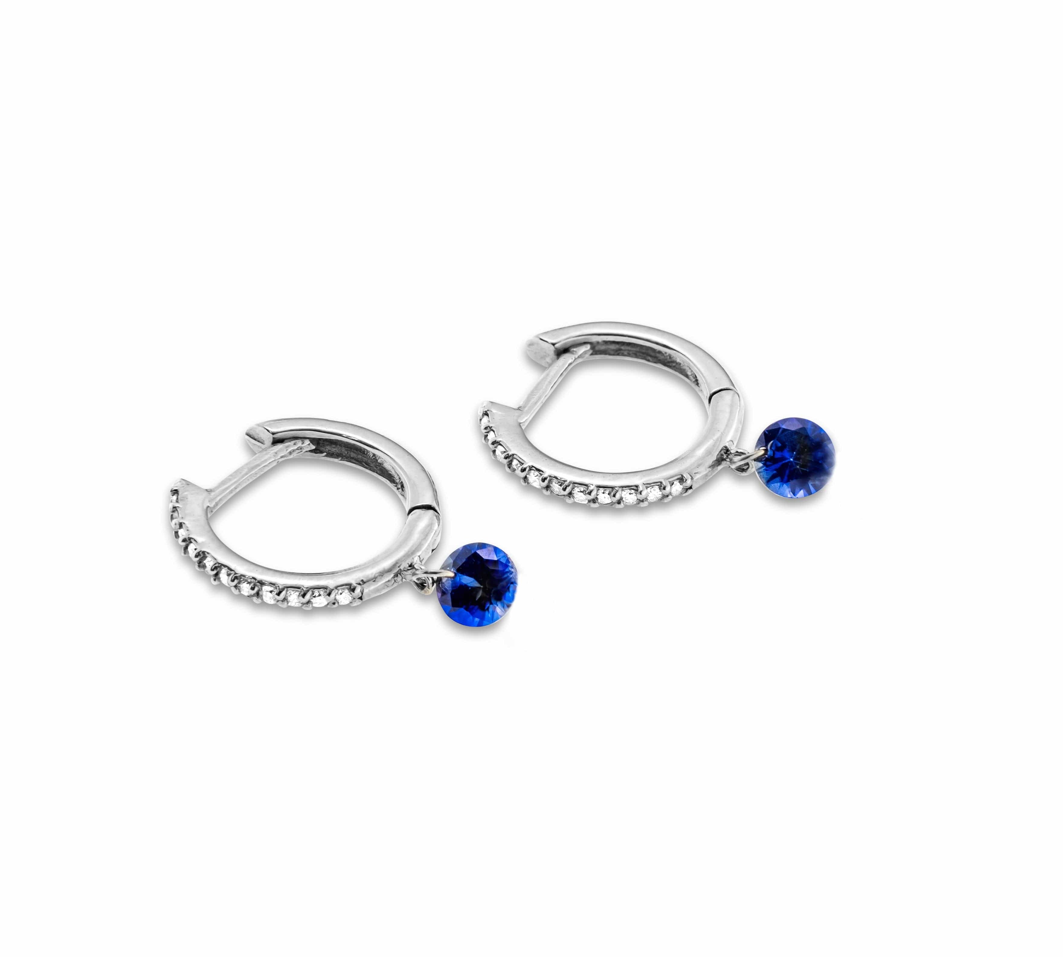 Earrings White Gold 18K Gold Drilled Blue Sapphire Huggie Hoops Earrings